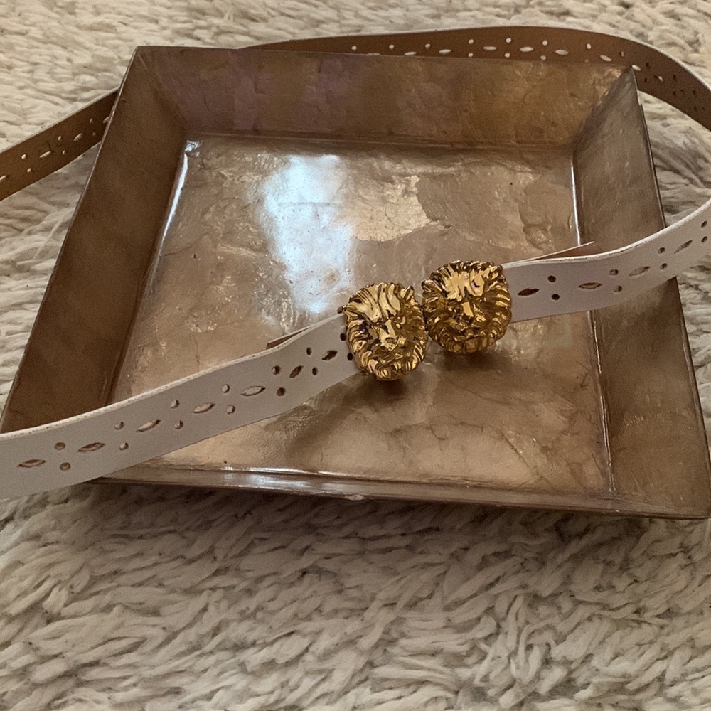 VINTAGE White Cutout Gold Lion Buckle Belt